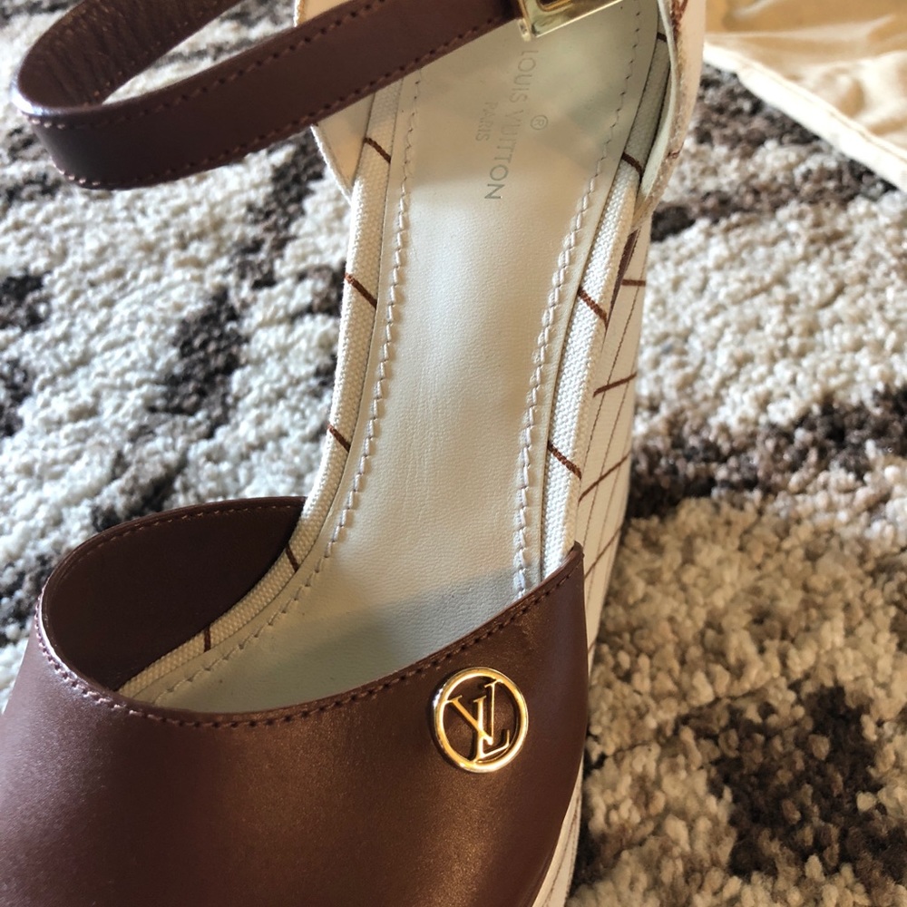 Louis Vuitton Cream and Brown Canvas Wedge